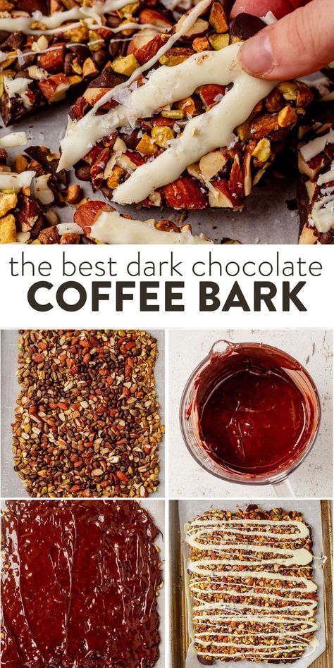 This dark chocolate coffee bark recipe is filled with coffee-roasted pistachios, almonds, and fresh coffee beans, all drizzled with melted white chocolate and sprinkled with flaky sea salt. Coffee Bark Recipe, How To Make Bark, Chocolate Melts Recipes, Thanksgiving Chocolate Bark, Dark Chocolate Candy Recipes, Dark Chocolate Bark Recipes, Homemade Bark, Chocolate Bark Ideas, Blueberry Bark