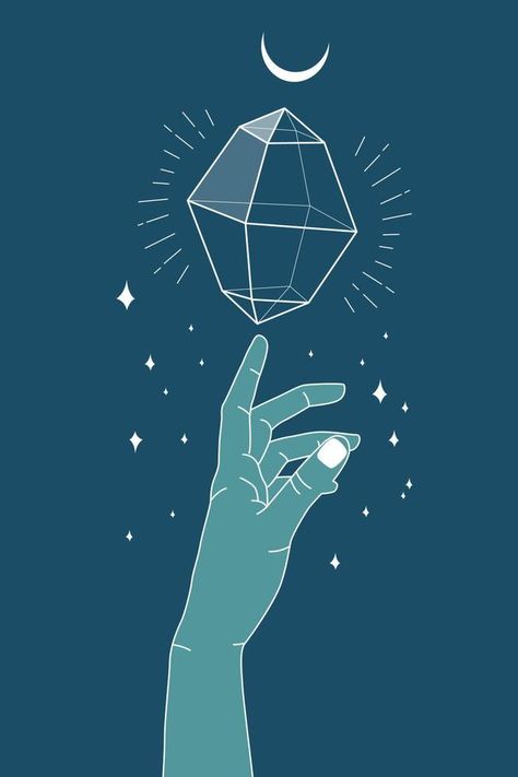 Hand reaching for the crystal gem outline illustration. Magic crystal concept. Modern vector illustration. Transparent line art gem with leaf and stars. Minimalistic design for web. Crystal Illustration Graphic Design, Reaching Out Illustration, Crystal Graphic Design, Gem Outline, Gem Illustration, Crystal Poster, Crystal Illustration, Magic Crystal, Outline Illustration