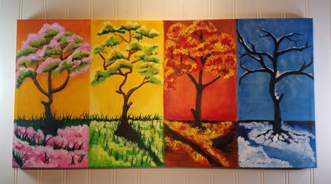 Acrylic Canvas Painting Four Seasons by PersonalPaintsbyDona Four Seasons Painting, Seasons Painting, Multi Canvas Art, Acrylic Canvas Painting, Tree Watercolor Painting, Tree Paintings, Sans Art, Cubism Art, Painting Canvases