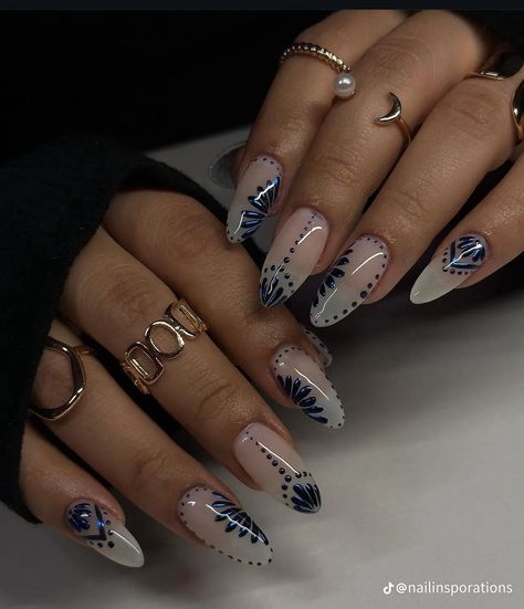 Nail Ideas Cute Design, Cute And Simple Nail Ideas, Nail Art Different On Each Nail, Almond Gel X Nail Designs, Medium Almond Nails Designs, Blue Almond Acrylic Nails, Gel Design Nails, Mexico Nails Designs, Blue Almond Nails Design