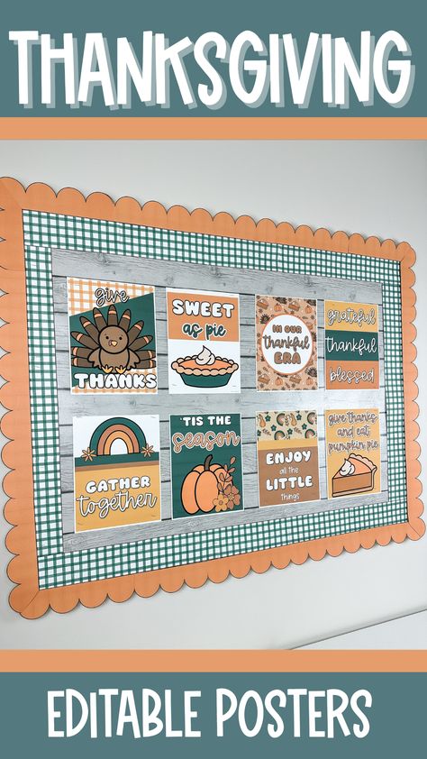 Decorate your bulletin board for fall or Thanksgiving with these editable posters! This bulletin board idea or classroom display is a great to decorate for November and autumn. These printable posters have a cute, fall design with a turkey, gourds, flowers, pumpkins and more. The posters include an editable template, through PowerPoint Thanksgiving Posters, Thanksgiving Poster, Thanksgiving Classroom, Posters Classroom, Fall Bulletin Boards, Classroom Display, Thanks Giving, Printable Posters, Classroom Bulletin Boards