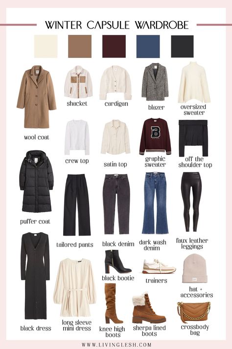 Create your own Winter capsule wardrobe with these neutral chic pieces that will last through the season and multiple years. Winter City Break Capsule Wardrobe, Winter Wardrobe 2024, 2024 Winter Fashion, Winter Capsule Wardrobe 2024, Winter Basics Wardrobe, Winter Work Capsule Wardrobe, Winter Season Outfits, Winter Travel Capsule Wardrobe, Winter Wardrobe Capsule