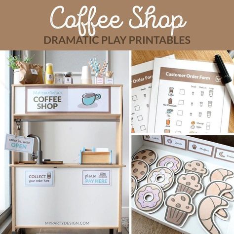 Pretend Play Cafe, Kids Coffee Shop, Coffee Shop Dramatic Play, Cafe Role Play, Play Printables, Craft Cafe, Dramatic Play Printables, Burger Shop, Coffee Shop Signs