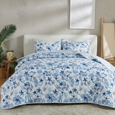 Patina Vie Maison Reversible Vintage Coastal Quilt Set - Bed Bath & Beyond - 40109862 Coastal Quilt Sets, Coastal Quilts, Nautical Bedroom, Beach Themed Bedroom, Nautical Colors, Vintage Coastal, Dining Furniture Sets, Living Room Bench, Coastal Design