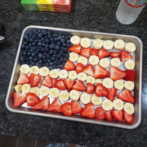 Silver tray of blueberries, strawberries and bananas laid out to mimic a flag on a black countertop. Fourth Of July Fruit Tray, Simple Fruit Tray, 4th Of July Fruit Tray, Fourth Of July Fruit, 4th Of July Fruit, Cream Cheese Dip, Cream Cheese Dips, Fruit Tray, Cheese Dip