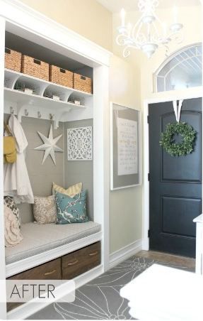 Charming! (As long as your one coat and bag match the decor and you're at least 6'5 so you can reach the baskets... oh, and you don't have three children with backpacks, coats, boots, shoes, sticks, special rocks, extra hoodies, stinky socks and library books.. other than that it's lovely!) End Of Hallway Closet Door Ideas, Redo Closet, Entryway Nook, Entryway Closet Makeover, Regular Closet, Hallway Nook, Coat Closet Ideas, Entry Makeover, Entry Nook