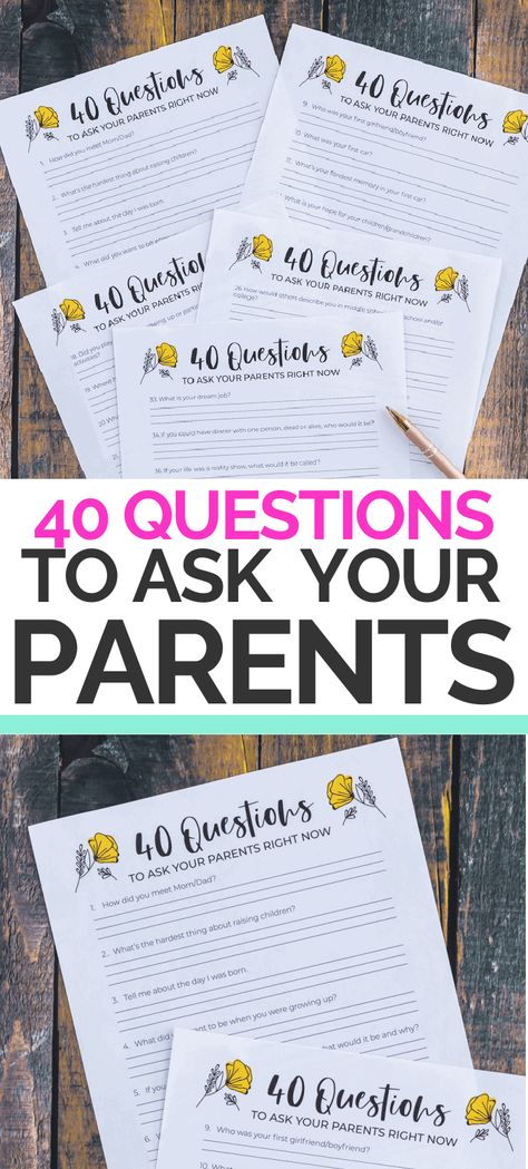 40 questions to ask your parents right now. These conversation starters will spark meaningful conversations you will cherish. #Journaling #Journals #Questions #Parents #Grandparents #MemoryMaking Interview Questions For Grandparents, Questions To Ask Your Mom Before She Dies, Things To Ask Your Parents, Questions To Ask Parents Before They Die, Questions To Ask Grandparents, Anniversary Questions, Questions To Ask Your Grandparents, Questions To Ask Your Parents, Legacy Journal