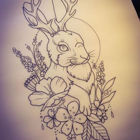 Jackalope Tattoo, Petit Tattoo, Bunny Tattoos, Rabbit Tattoos, Human Canvas, Tattoo Blog, Nature Tattoos, Animal Sketches, Tattoo Design Drawings