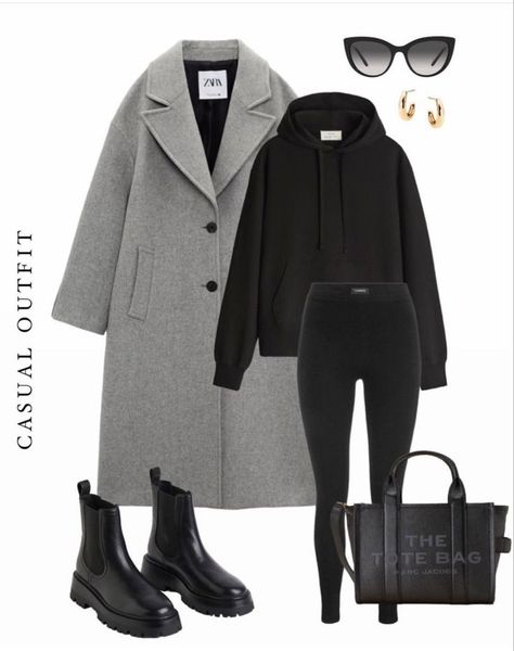 Winter Coat With Dress, Grey Wool Coat Outfit Winter, Zara Women Outfits 2024, Zara 2024 Winter, Casual Autumn Outfits 2023, Gray Peacoat Outfit, Zara Coat Outfit, Winter Coat Outfits Casual, Outfit Inspirations Winter Casual