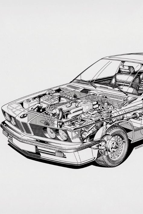 BMW Car Parts Drawing, Car Engine Drawing, E28 Bmw, Bmw 635, Bmw E24, Carros Bmw, Bmw Art, Automotive Illustration, Bmw Engines