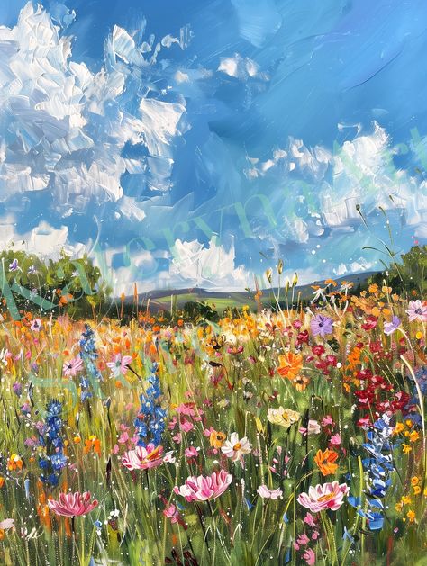 Flowers Meadow, Felting Inspiration, Art Papillon, House Deco, Flower Landscape, Tree Drawing, Aesthetic Painting, House Projects, Digital Art Print