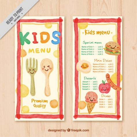 Cute menu for kids painted in watercolor Free Vector Kids Menu Ideas, Kids Menu Design, Menu Cover Design, Watercolor Menu, School Menu, Diy Menu, Menu Card Design, Kids Cafe, Watercolor Food