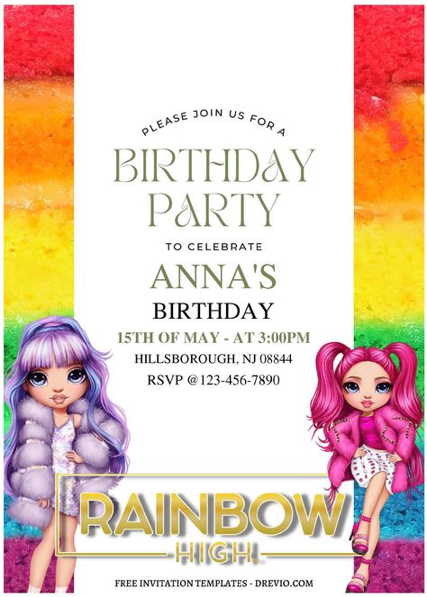 Rainbow High Birthday Party Invitations, Rainbow High Party Ideas, Rainbow High Party, Rainbow High Birthday Party, Rainbow High Birthday, Birthday Party Invitations Free, Rainbow Themed Birthday Party, Birthday Invitation Card Template, Free Printable Birthday Invitations