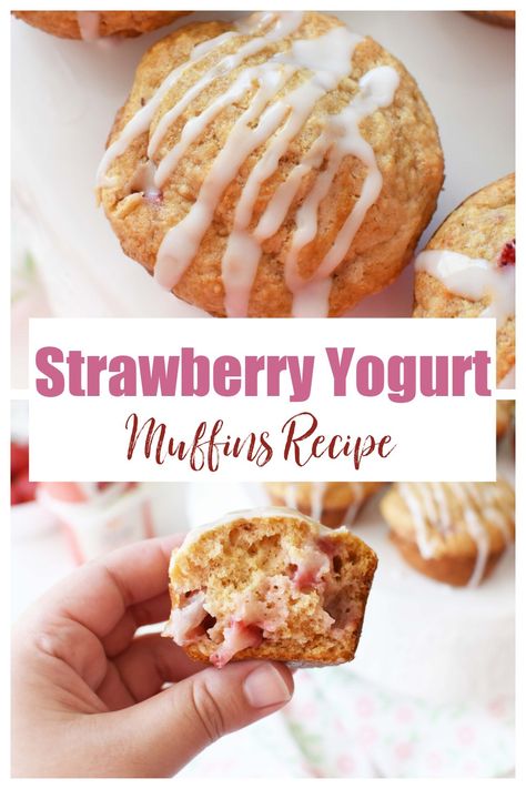 Strawberry Yogurt Muffins (Super Moist). These muffins are super moist and are made with traditional yogurt and freshly chopped strawberries. They make a perfectly portable breakfast for on the go. If you are looking for a breakfast muffin that's ideal for the warmer months, this is for you! These are made with strawberry yogurt making them "berrylicious". Plus, they're freezer-friendly. #strawberrymuffins #strawberryyogurtmuffins #yogurtmuffins via @muffintinrecipes Strawberry Yogurt Recipes, Breakfast For On The Go, Strawberry Yogurt Muffins, Yogurt Making, Strawberry Muffin Recipes, Portable Breakfast, Greek Yogurt Muffins, Baby Muffins, Almond Flour Muffins