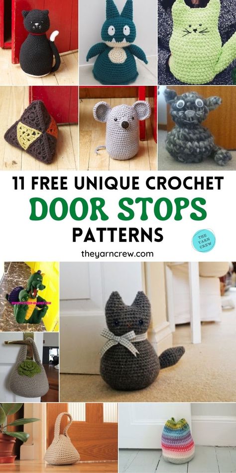 11 Free Unique Crochet Door Stop Patterns. Free Unique Crochet Door Stop Patterns curated by The Yarn Crew. Crochet Door Stopper Free Pattern, Doorstop Pattern Free, Crochet Home Decor Ideas, Doorstop Pattern, Gato Crochet, Cat Doorstop, Kat Haken, Door Draft, Crochet Frog