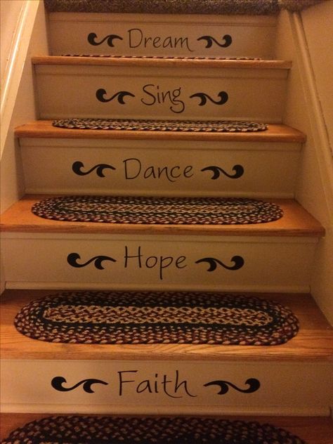 Happy words stair riser decals Words On Steps, Staircase Stencil Ideas, Painted Stairs With Stencils, Stenciled Stair Risers Paint, Decoupage Stair Risers, Stair Stencils, Words On Stair Risers, Stair Decals, Tub To Shower Remodel