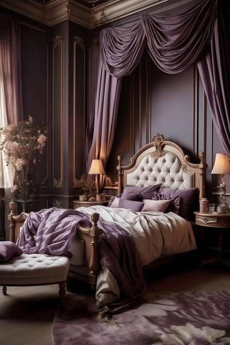 Vintage Bedroom Design Victorian, Antique Bedroom Ideas Victorian, Purple Victorian Bedroom, Violet Bedroom Ideas, Moody Purple Bedroom, Room Aesthetic White, Tranquility Room, Moody Romantic Bedroom, Purple Cottage