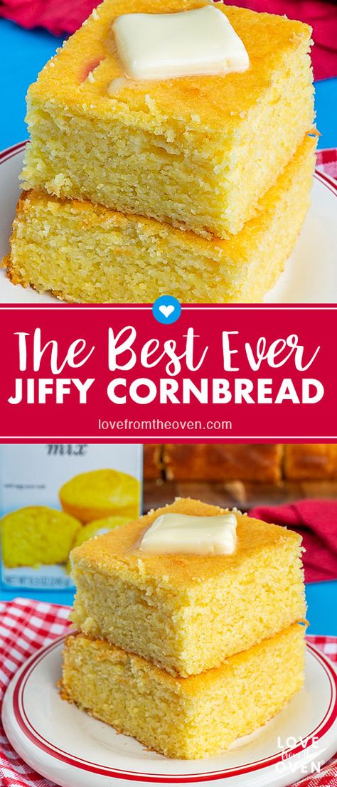 The BEST Jiffy Cornbread Recipe! Perfect, moist, delicious cornbread, and it's so easy, literally takes like two minutes to make and pop in the oven! #cornbread #jiffycornbread #cornbreadrecipe #moistcornbread #lftorecipes Jiffy Cornbread With Buttermilk, Jiffy Buttermilk Cornbread, Easy Jiffy Cornbread Recipe, Best Jiffy Cornbread Recipe, Sweet Jiffy Cornbread, Bread Sides, Jiffy Mix Recipes, Jiffy Recipes, Jiffy Cornbread Recipes