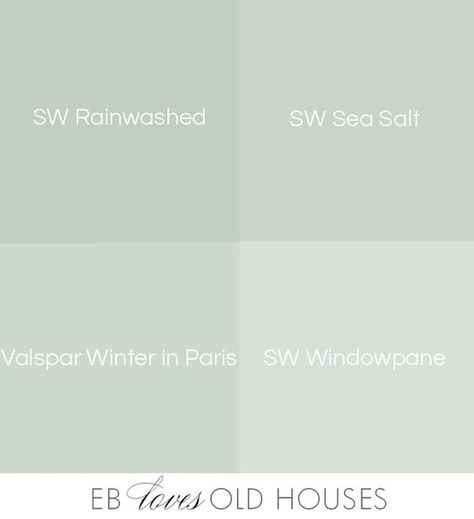 EB Loves Old Houses | SW Rainwashed, SW Sea Salt, Valspar Winter in Paris, SW Windowpane. Finding that perfect shade of blue-green Sw Rainwashed, Sw Sea Salt, Sea Salt Paint, Interior Paint Colors Schemes, Home Paint Colors, House Paint Colors, Pintura Exterior, Paint Color Schemes, Blue Paint Colors