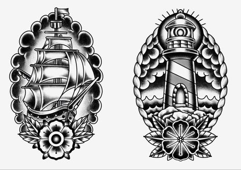 Traditional Ship Tattoo Black, Traditional Tattoo Design Black And Grey, Lighthouse Tattoo Traditional, American Traditional Ship Tattoo, Nautical Tattoo Flash, Traditional Sleeve Tattoo, Traditional Nautical Tattoo, Traditional Lighthouse Tattoo, Traditional Ship Tattoo