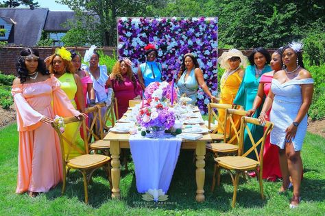 Royalty enjoying royal tea in the floral garden! African Tea Party, Black Women Tea Party, Tea Party Photoshoot Black Women, Sisters Tea Party Photoshoot, Royalcore Tea Party, Tea Garden Party, Royal Tea Party, Adult Tea Party, Women Party Ideas