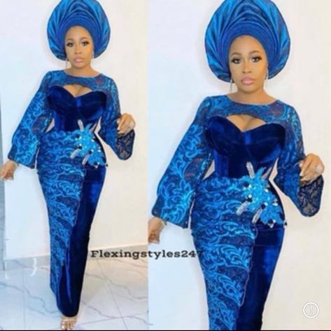 Style For Velvet Gown, Ankara With Velvet Styles, Simple Style For Lace Gown, Velvet Lace Dress Asoebi, Iro Gown Style Lace For Bride, Velvet And Lace Asoebi Styles, Print Dress Designs, Velvet Styles, Africa Fashion Style