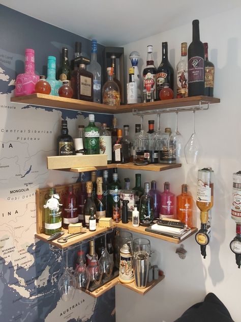 Corner Shelf Bar Ideas, Mini Bar Display, Liquor Shelf Bar, Corner Bar Shelves Ideas, Corner Liquor Shelf, Corner Bar Shelves Ideas Liquor, Corner Bar Shelves, Corner Dry Bar Ideas, Liquor Shelf Ideas Display