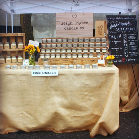 Soy candles craft show booth display ideas Honey Vendor Booth, Candle Booth Display Ideas, Candle Display Craft Show, Candle Vendor Booth Ideas, Diy Candle Display, Candle Display Ideas, Candle Booth Display, Honey Display, Candle Booth