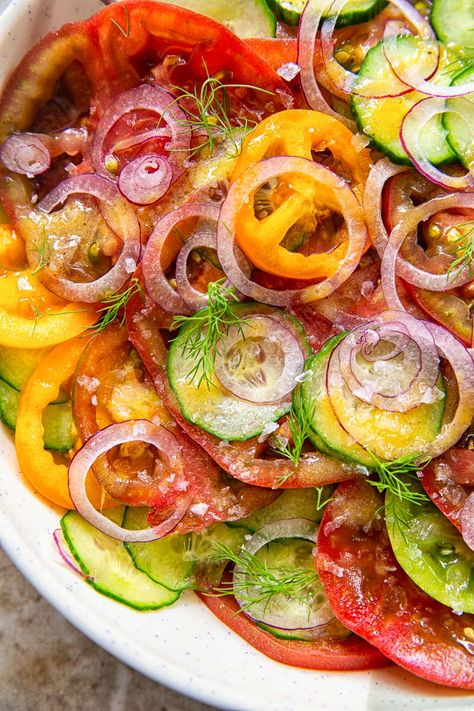 Get the most out of summer produce by combining simple quality ingredients in this flavour packed cucumber and tomato salad. Cucumber And Tomato Salad, Salad With Dill, Cucumber And Tomato, Heirloom Tomato Salad, Tomato Salad Recipes, Summer Produce, Heirloom Tomato, Red Onions, Summer Salad