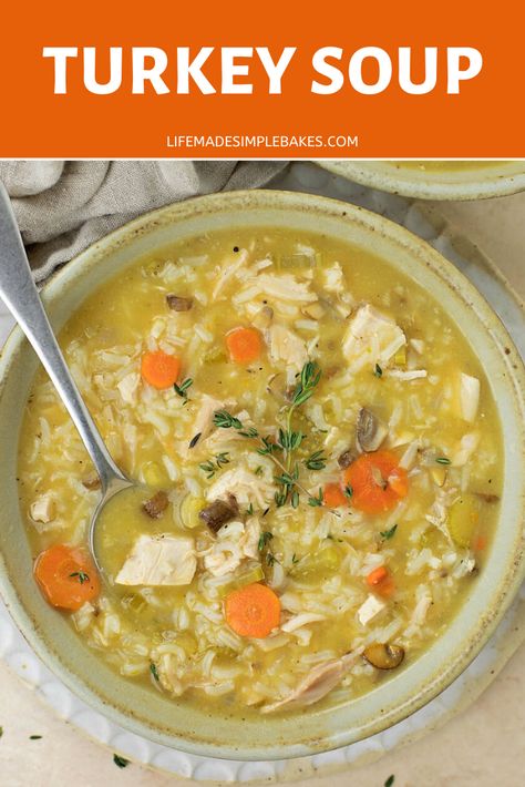 This Turkey Soup is delicious, comforting and a perfect way to use up leftover turkey from your holiday meals! The flavors from the roasted turkey, vegetables and herbs make this one of my all-time favorite soups! #turkeysoup #souprecipes #turkeysouprecipe #soup Crockpot Turkey And Rice Soup, Turkey Rice Soup Crockpot, Turkey Soup Crockpot, Turkey Casseroles, Turkey And Rice Soup, Easy Turkey Soup, Homemade Turkey Soup, Turkey Rice Soup, Turkey And Rice