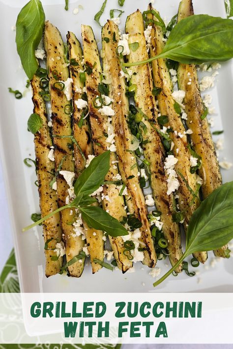 Grilled Zucchini with Feta is a flavourful side dish, or could be a main when combined with other sides, combining tender crisp, charred zucchini and tangy feta cheese. via @Bakersbeans Side Dishes With Feta Cheese, Charred Zucchini, Recipes With Feta, Gluten Free Grilling, Summer Grill, Fried Pasta, Grilled Foods, Barbeque Recipes, Dipped Cookies