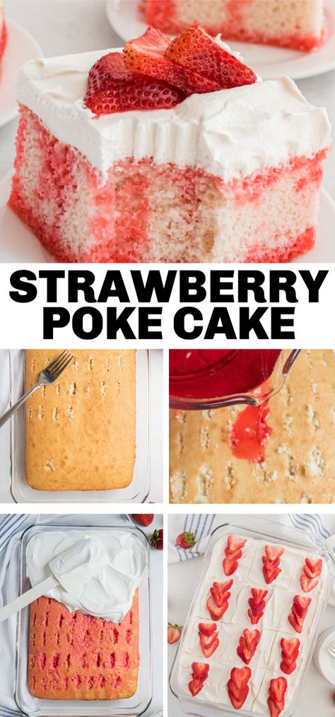 Strawberry poke cake is an easy vanilla cake with strawberry gelatin seeped into the cake, then topped with silky Cool Whip topping. This cake is so easy and a crowd pleaser! #delicious #jello #strawberry #strawberrycake #pokecake #pokecakerecipe #easydessert #coolwhip Strawberry Poke Cake Recipe, Strawberry Poke Cake, Easy Vanilla Cake, Strawberry Poke Cakes, Strawberry Vanilla Cake, Poke Cake Recipe, Jello Cake, Poke Cake Recipes, Poke Cakes