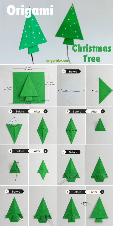 If you are looking for Christmas tree to decorate your room for the festival, this simple and quick version is the best for you, and won’t take too much time. Instead of spending money to buy decorations, why not choose to fold some of these little cute trees, it would be a highlight on your dinner table. Christmas Origami Step By Step, Origami Christmas Tree Tutorial, Xmas Origami Easy, Origami Trees Christmas, Origami Easy Christmas, Christmas Tree Origami, Origami Balloon, Origami Kids, Origami Tree