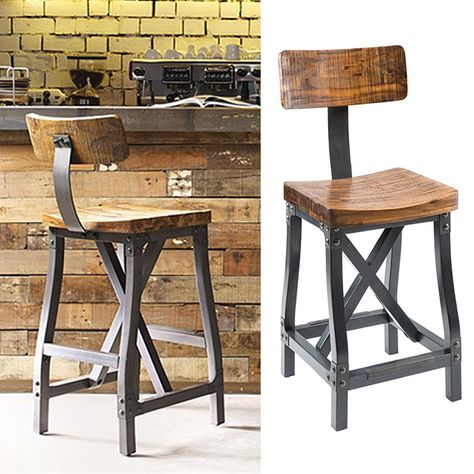 Durable and industrial describe our Handsome Barstool With Back. to find more barstools and counter stools! | Antique Farmhouse Handsome Barstool With Back | Wood Farmhouse Barstools, Barstool Ideas, Pub Table And Chairs, Brick Ideas, Farmhouse Bar Stools, Rustic Bar Stools, Rustic Stools, Barrel Table, Wood Barn Door