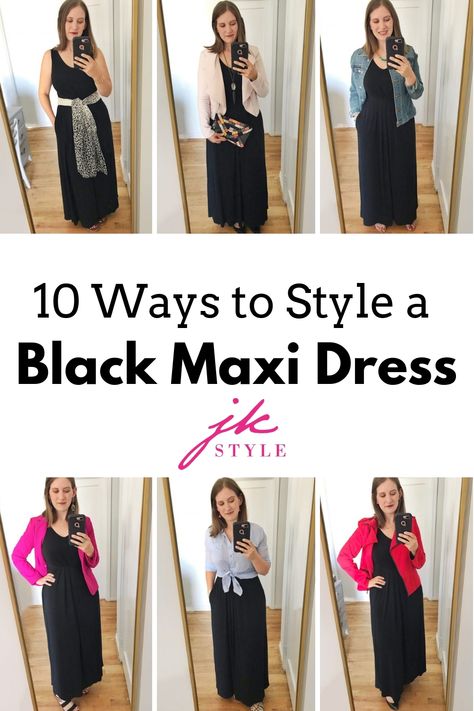 How to Style a Black Maxi Dress in 10 Different Ways - JK Style #maxidress #whattowear #howtowear #styleideas Style Black Maxi Dress, Black Maxi Dress Outfit Ideas, Long Black Dress Outfit, Black Maxi Dress Outfit, Sleeveless Dress Outfit, How To Style A Maxi Dress, Layering Ideas, Long Tshirt Dress, 2020 Outfits