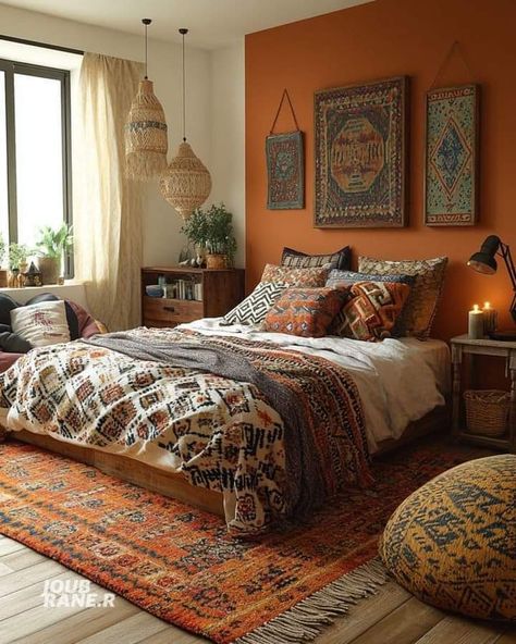 Orange Wall Bedroom Decor, Bedroom Mexican Style, Orange Toned Bedroom, Arab Bedroom Aesthetic, Warm Colour Bedroom, Beige And Orange Bedroom, Orange Aesthetic Room Ideas, Morracan Room Ideas Bedroom, Moraccon Theme Bedroom