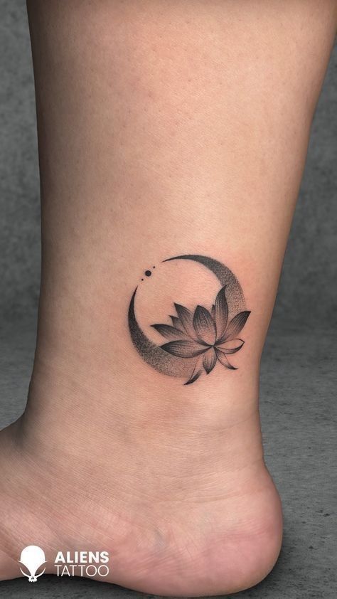 Simple Dotwork Tattoo, Simple Lotus Flower Tattoo Design, Dark Lotus Flower Tattoo, Dotwork Flower Tattoo, Moon Arm Tattoo, Lotus Moon Tattoo, Moon And Lotus Tattoo, Dot Work Tattoo Design, Tranquility Tattoo