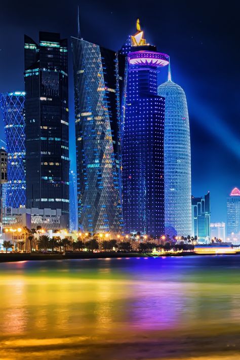 Doha Qatar Skyline #iPhone 4s #Wallpaper Qatar Skyline, Iphone Wallpaper High Quality, Qatar Travel, Iphone 5s Wallpaper, Virtual Travel, City Night, Theme Background, Doha Qatar, Backgrounds Wallpapers