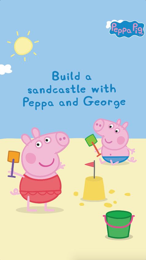 Build a sandcastle with Peppa and George!   Step 1: Fill a bucket with lots of wet sand.  Step 2: Pat it down with a spade.   Step 3: Tip the bucket upside down.   Step 4: Decorate with some nice shells and top your castle with a flag.  Step 5: Dig a moat and fill it with water.   All done! Share a photo of your sandcastle with us! Mommy Finger, Peppa Pig Teddy, Best Nursery Rhymes, Nursery Rhymes Lyrics, Peppa Pig George, Baby Finger, Finger Family, Homemade Art, Peppa Pig Birthday