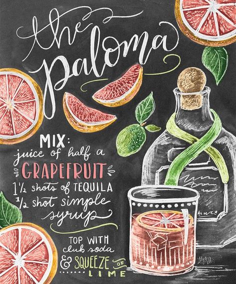 A cocktail recipe illustration that seems appropriate for the end of this gorgeous day! @thatmakguy spent the afternoon setting up our… Chalkboard Art Kitchen, Cuba Libre Cocktail, Paloma Recipe, Lily And Val, Deco Pastel, Paloma Cocktail, Deco Marine, Chalkboard Print, Bar Cart Art