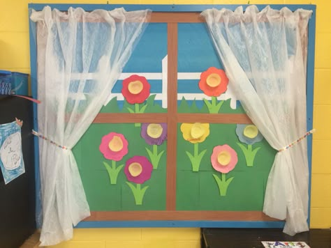 May Flowers bulletin board Prek Bulletin Board Ideas Learning, Dramatic Play Bulletin Board, Kitchen Bulletin Board Ideas, May Flowers Bulletin Board, Flowers Bulletin Board, Daycare Classroom Ideas, Preschool Room Decor, Toddler Classroom Ideas, Book Corner Ideas