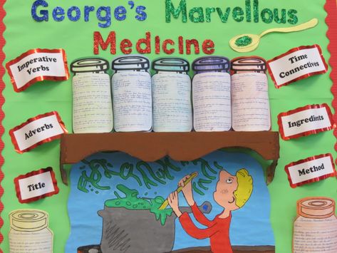 Primary School Displays, Roald Dahl Activities, Classroom Wall Displays, Georges Marvellous Medicine, Display Boards For School, School Library Displays, Procedural Writing, Eyfs Activities, School Displays