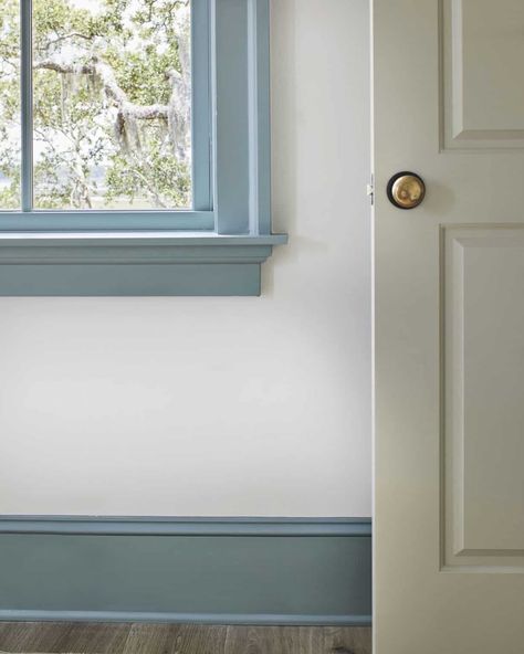 Sherwin Williams Blue Door Colors, Sw Faded Flax Flower, Sherwin Williams Classic Light Buff, Moonmist Sherwin Williams, Baseboard Paint Color, Classic Light Buff Sherwin Williams, Sherwin Williams Blues, House Tours Interiors, Southern Living Bedroom