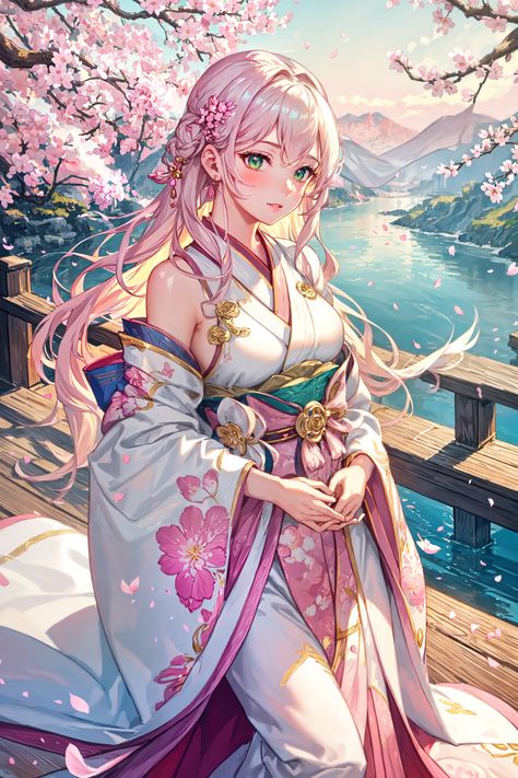 "Transform your space with the serene elegance of this digital painting pin, featuring a youthful beauty in a flowing pink kimono among cherry blossoms and glowing lanterns. Perfect for adding a touch of tranquility and tradition to your decor." Priestess Character Design, Pink Hair Girl, Enchanted Characters, Cinderella Art, Long Pink Hair, Anime Woman, Anime Kimono, Pink Kimono, Female Knight