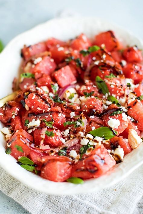 Watermelon Feta Salad with Balsamic Reduction in a white serving dish on top of a natural tan napkin. Watermelon Salad With Feta Cheese, Watermelon Feta Salad Recipes, Salad With Feta Cheese, Feta Salad Recipe, Eating Bird Food, Watermelon Feta Salad, Salad With Feta, Watermelon And Feta, Watermelon Salad