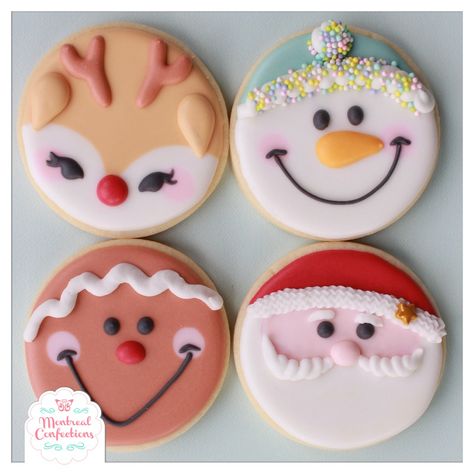 Decorating Round Christmas Cookies, Sugar Cookie Frosting Designs Christmas, Round Snowman Cookies, Cookie Icing Ideas Christmas, Circle Santa Cookies, Cookie Decorating Contest Ideas, Round Sugar Cookie Christmas Designs, Round Santa Cookies, Round Sugar Cookies Christmas