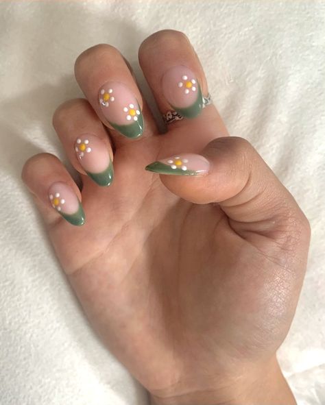 save green nails french tips flowers summer nails flower nails Sage Green Flower Nails, Sage Green French Tips, French Tips With Flowers, Green Flower Nails, Green French Tips, Cottagecore Nails, Summer Nail Art Ideas, Green French, Spring Acrylic Nails