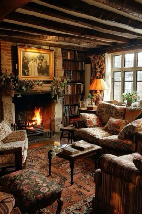 Cozy Old Home, French Countryside Interior, Old English Homes Interior, Cottage Interiors Cozy, Old English Living Room, English Homes Interiors, Old English Cottage Interiors, English Cottagecore, British Cottage Interior