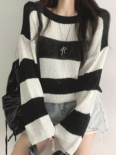 Women's Casual Striped Contrast Color Knit Sweater, Spring & Autumn Black and White Casual  Long Sleeve Knitwear Colorblock,Letter,Striped Pullovers Medium Stretch  Women Clothing, size features are:Bust: ,Length: ,Sleeve Length: Hm Clothes, Black And White Stripe Sweater, Oversized Knit Sweater, Black And White Sweater, Women Crew Socks, Casual Stripes, Cool Sweaters, White Casual, Comfortable Outfits