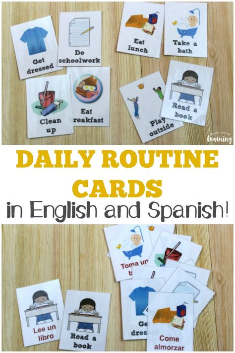 Pick up these free daily routine cards for kids in both English and Spanish! These are perfect for helping early learners establish a routine for preschool, homeschool preschool, or afterschool care! #education #kids #homeschool #homeschooling #preschool #spanish #esl Daily Routine Flashcards, Preschool Spanish Lessons, Daily Routine Cards, Spanish Flashcards, Spanish Printables, Preschool Spanish, Learning Spanish For Kids, Spanish For Kids, Homeschool Spanish